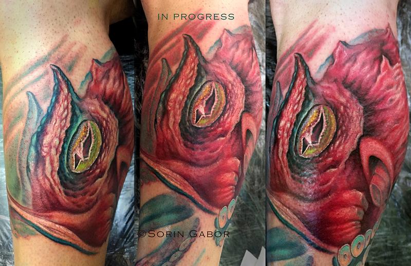 Sorin Gabor at Sugar City Tattoo : Tattoos : Nature Animal : In progress  color realistic octopus and sealife half leg sleeve tattoo