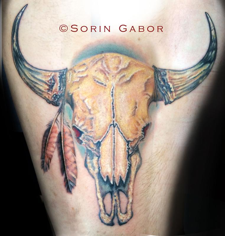 Realistic color bull skull tattoo on forearm by Sorin Gabor : Tattoos
