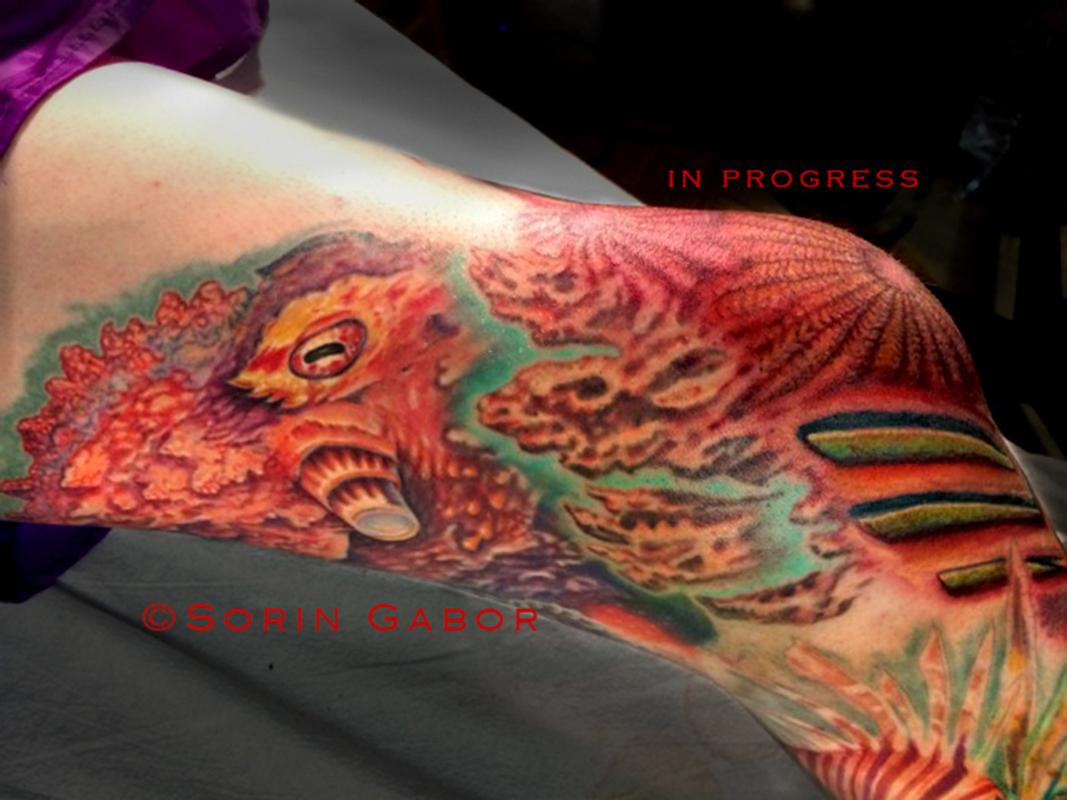 Red bio organic and realistic octopus and sealife tattoo leg sleeve by  Sorin Gabor : Tattoos