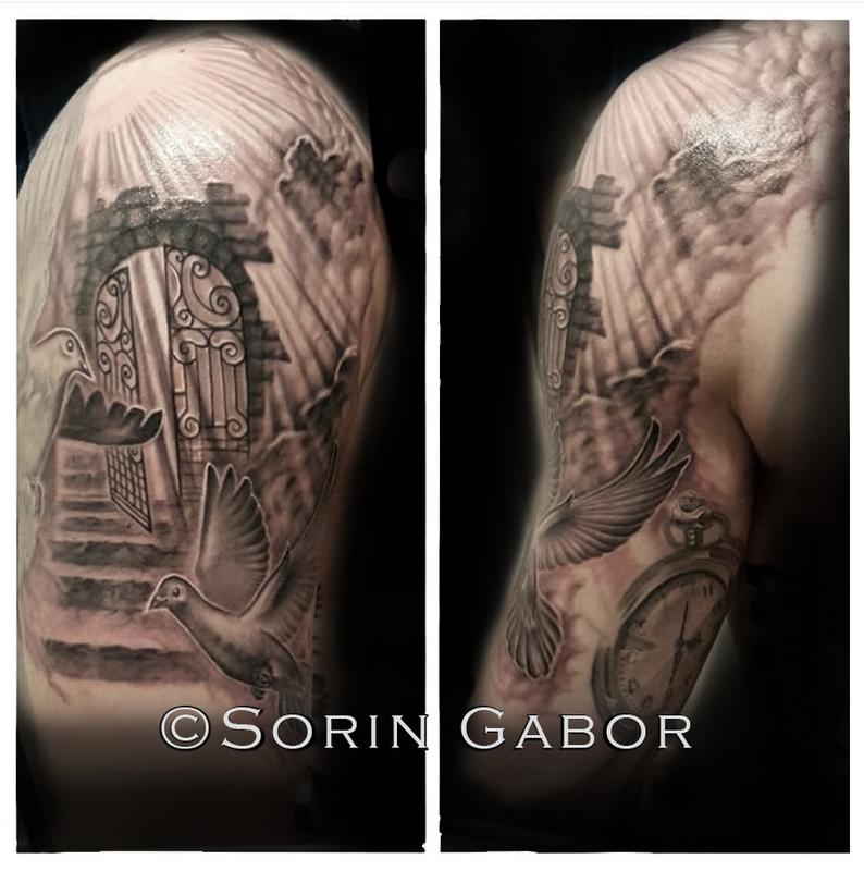 Realistic black and gray doves, gate, rays, and clouds tattoo by Sorin  Gabor : Tattoos