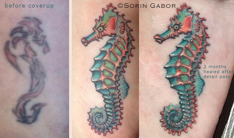 realistic color seahorse coverup tatto by Sorin Gabor : Tattoos