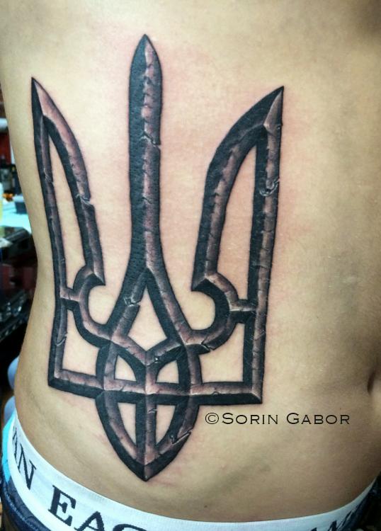Sorin Gabor at Sugar City Tattoo : Tattoos : Cross : Realistic stone  Ukrainian coat of arms on ribs black and gray