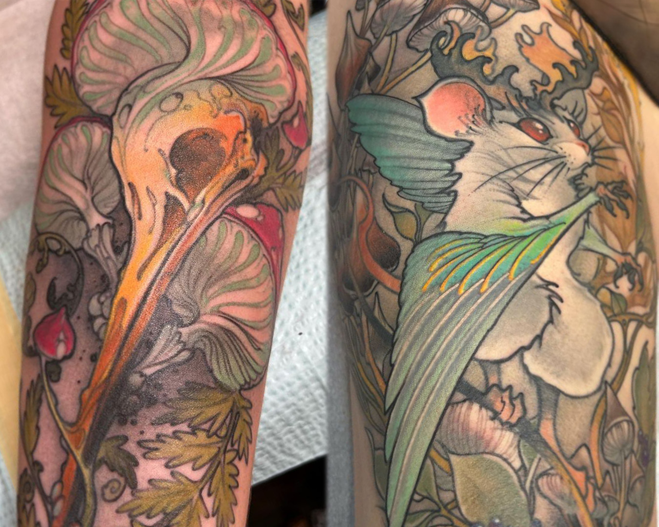 mushroom and bird skull tattoo by corey bernhardt