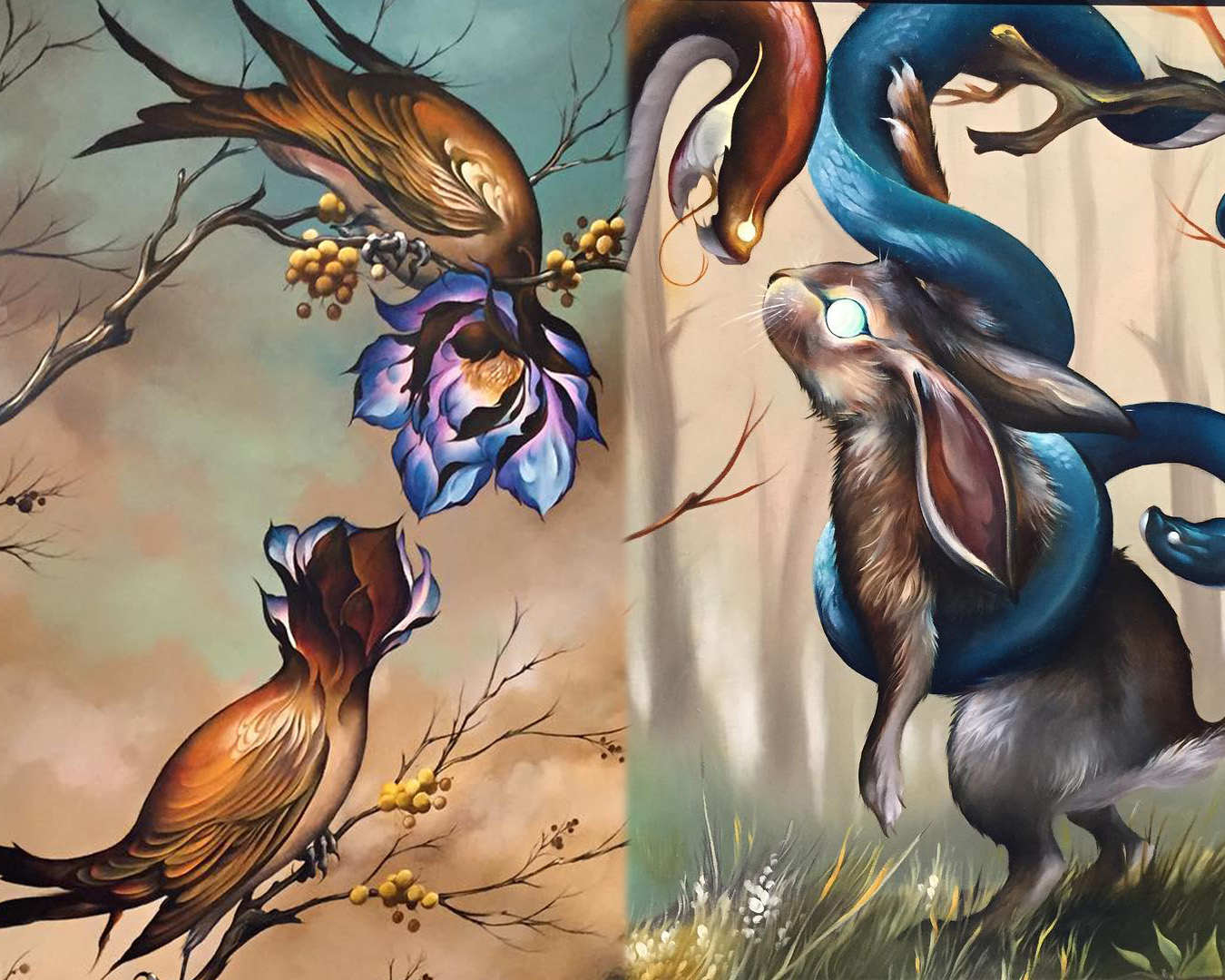 flower bird and rabbit with snake oil painting by corey bernhardt