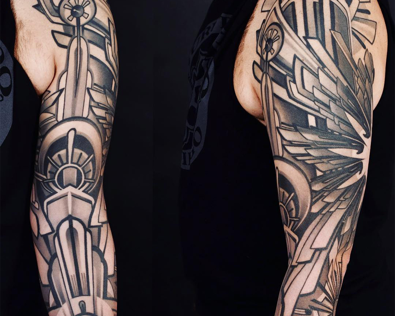 black and grey art deco arm sleeve tattoo