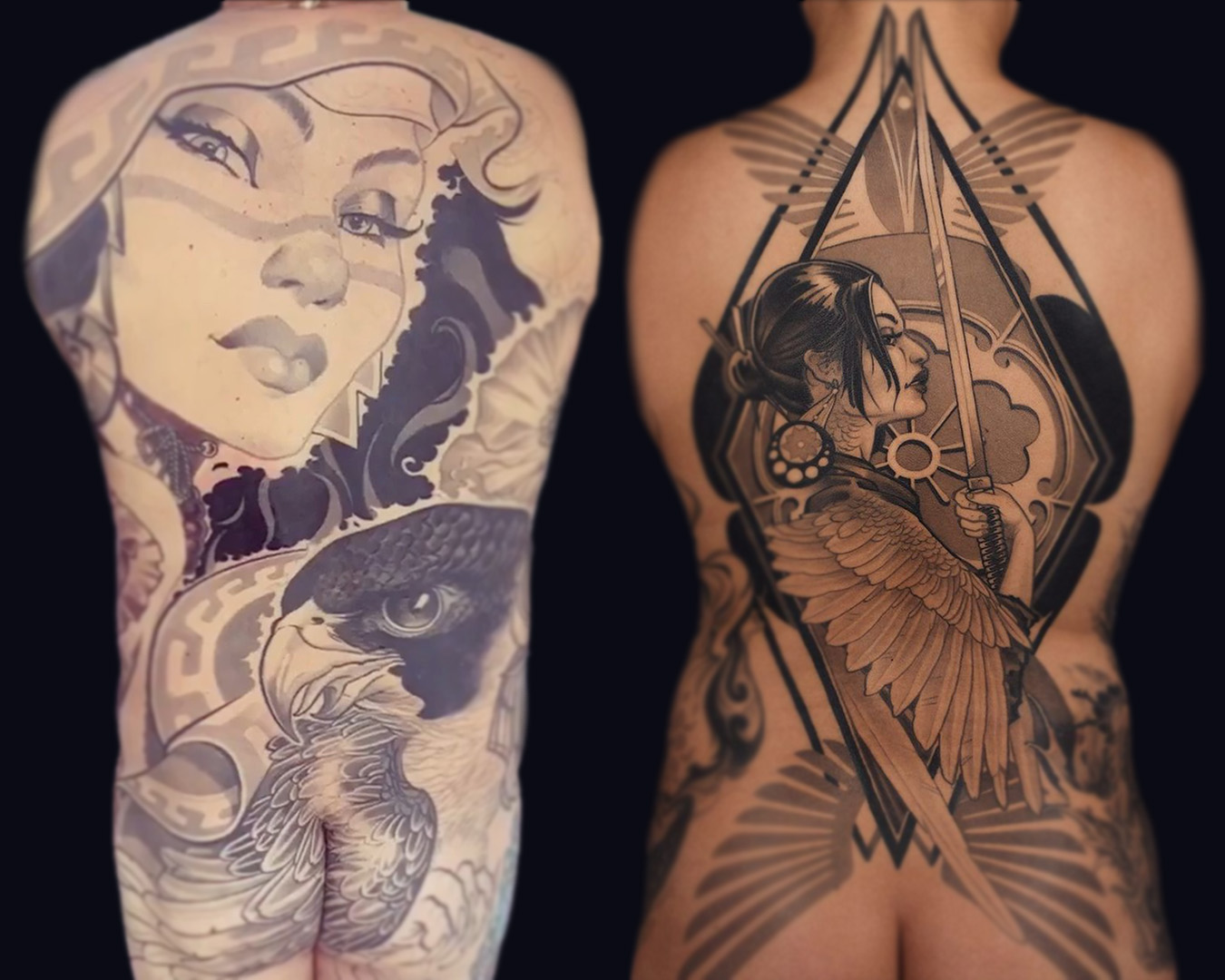 black and grey back tattoos woman with hawk and samurai woman with katana