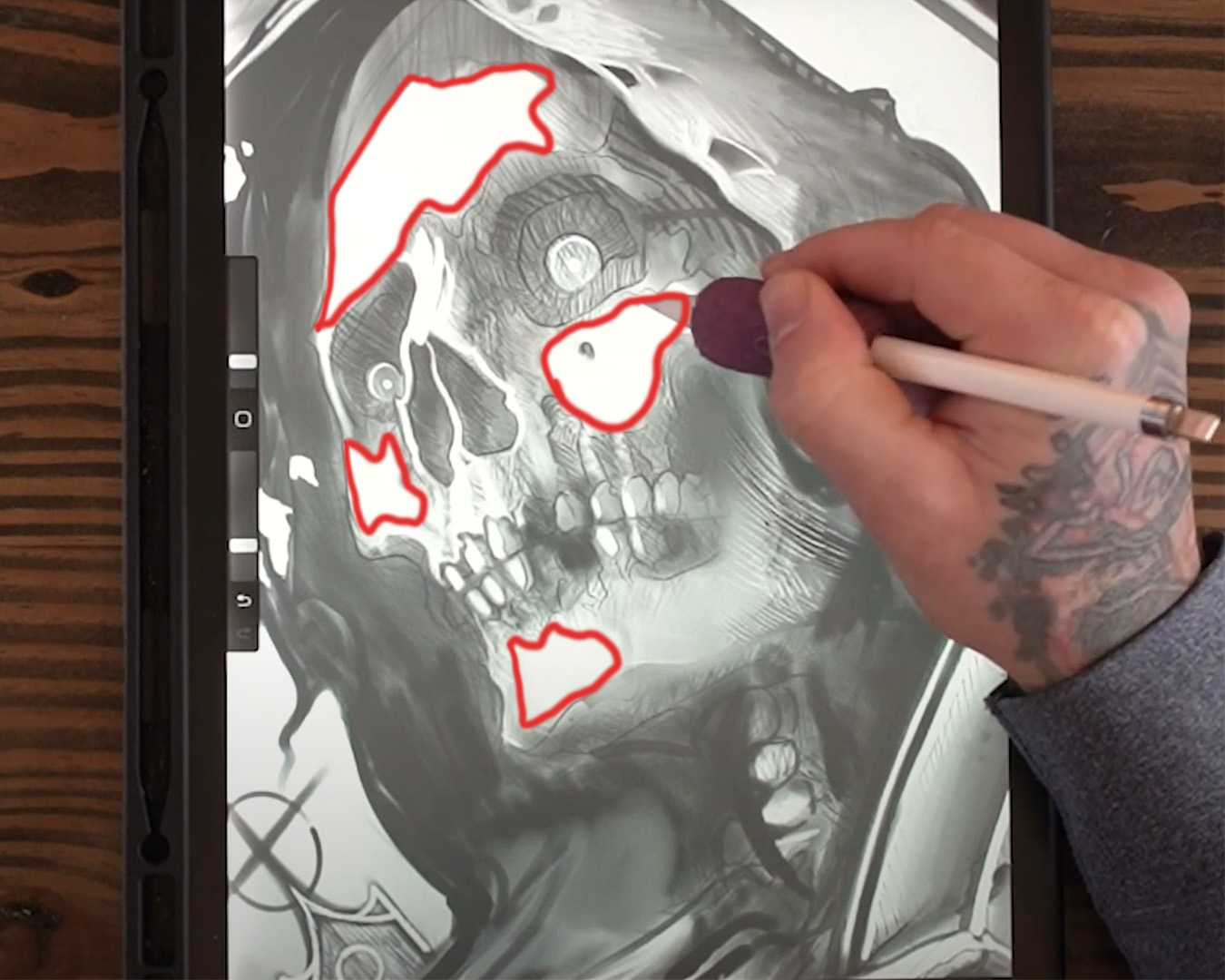 Outline of skin sections on grim reaper sketch