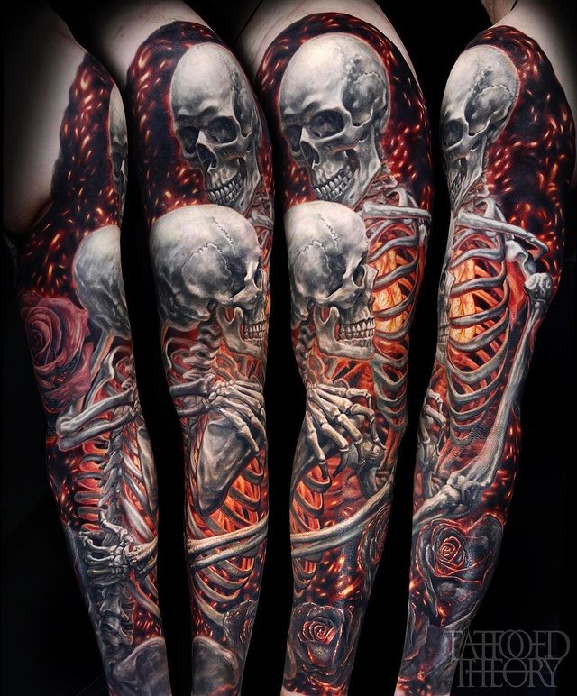 two skeletons hugging arm sleeve tattoo