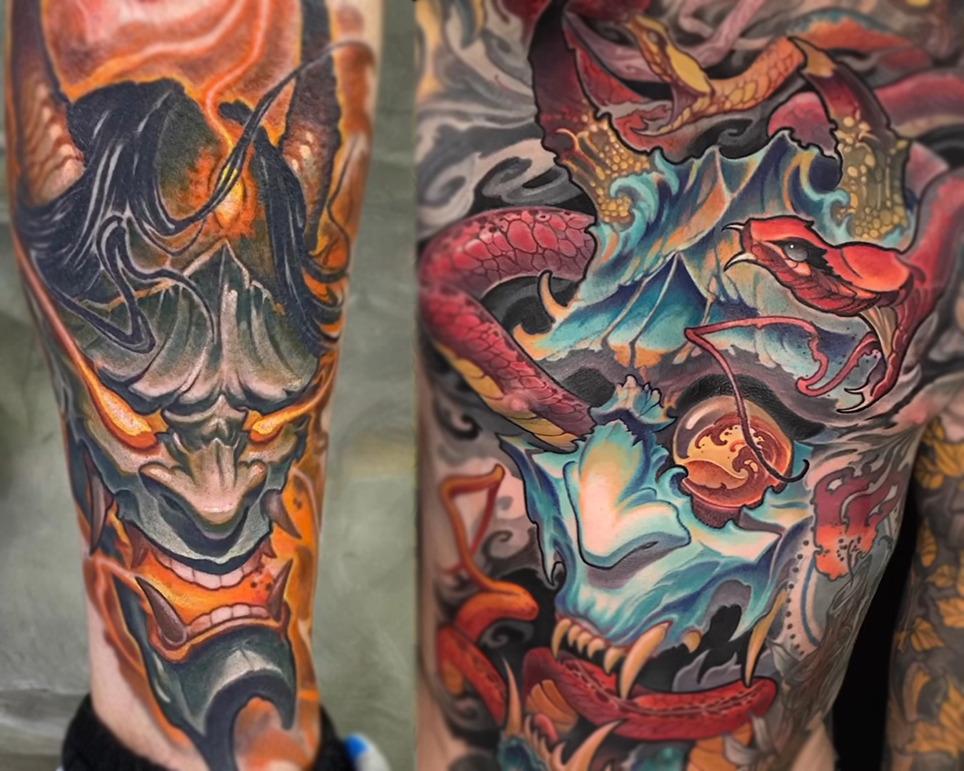 hanya calf tattoo and hanya with two snakes chest piece