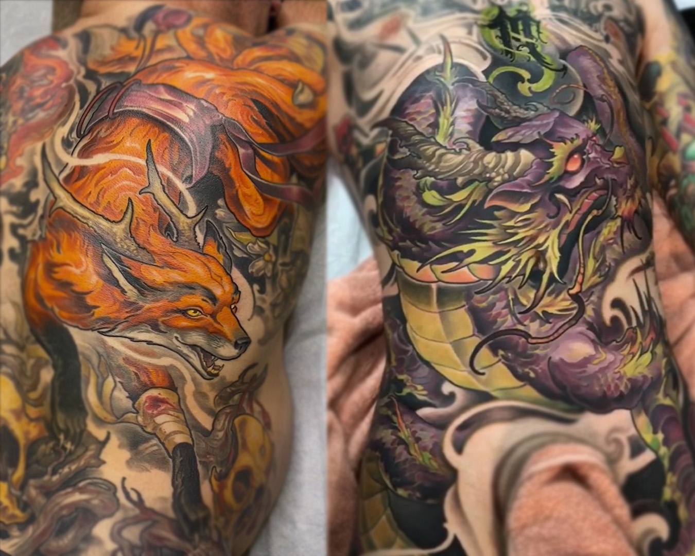 nine-tailed fox backpiece tattoo and purple japanese dragon chest tattoo
