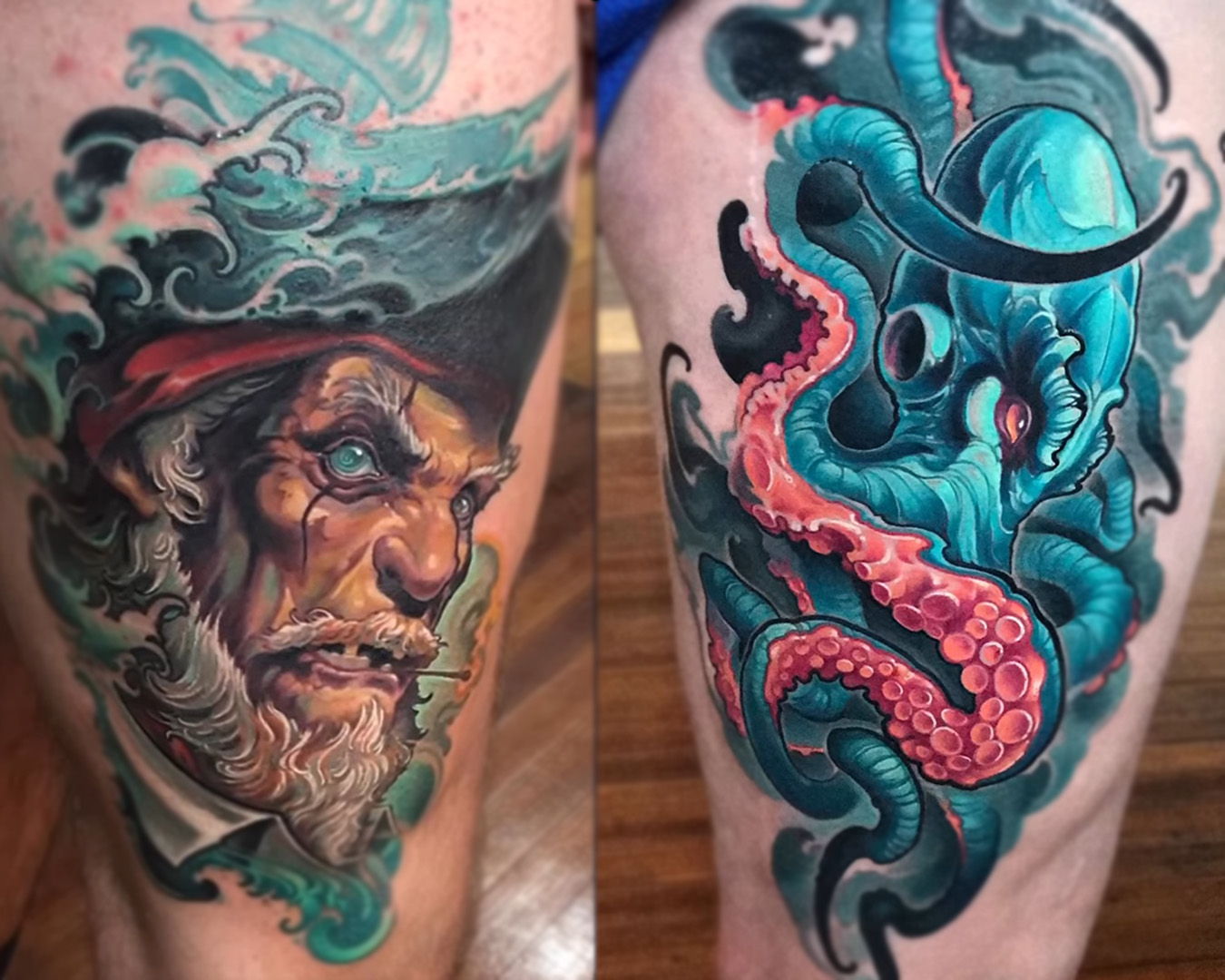 illustrative thigh tattoos of an old grizzled pirate and an gnarly aggressive blue octopus