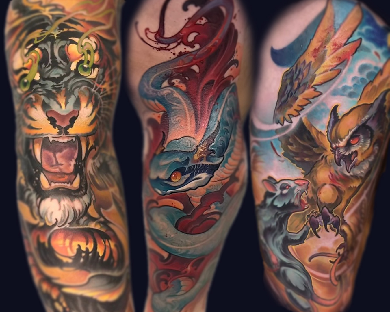 illustrative tiger arm sleeve, snake tattoo, and owl fighting rat