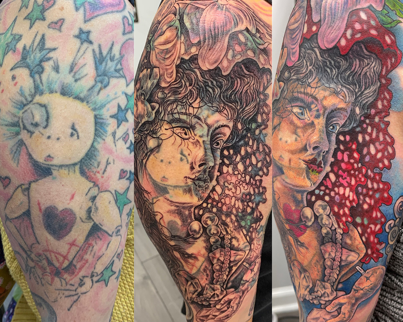 tattoo cover up of a doll with a new doll and mushrooms
