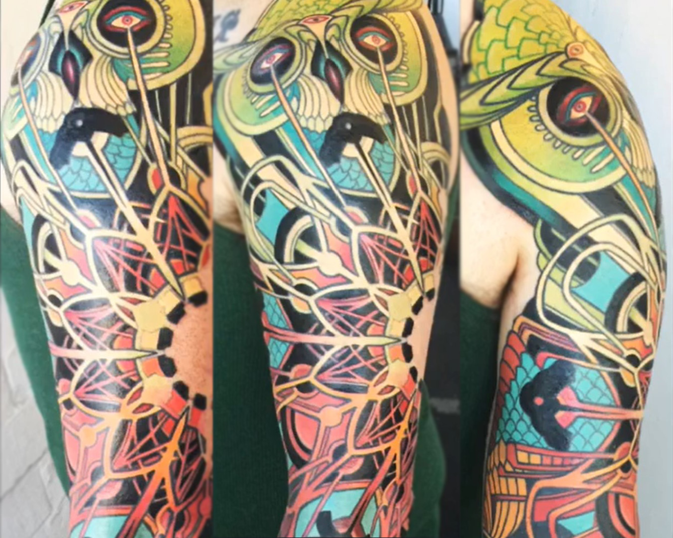 Art Deco Owl and ornamental arm sleeve tattoo by Cooper