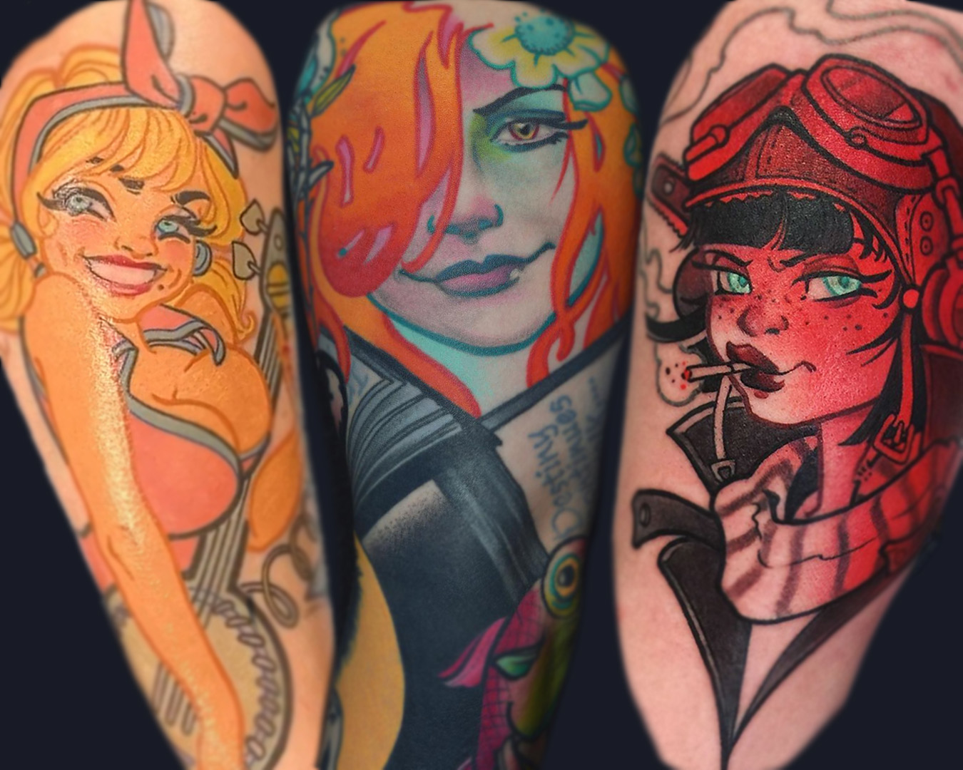 Dolly Parton, Emilia Earhart, Alphonse Mucha arm sleeve tattoos by Cooper
