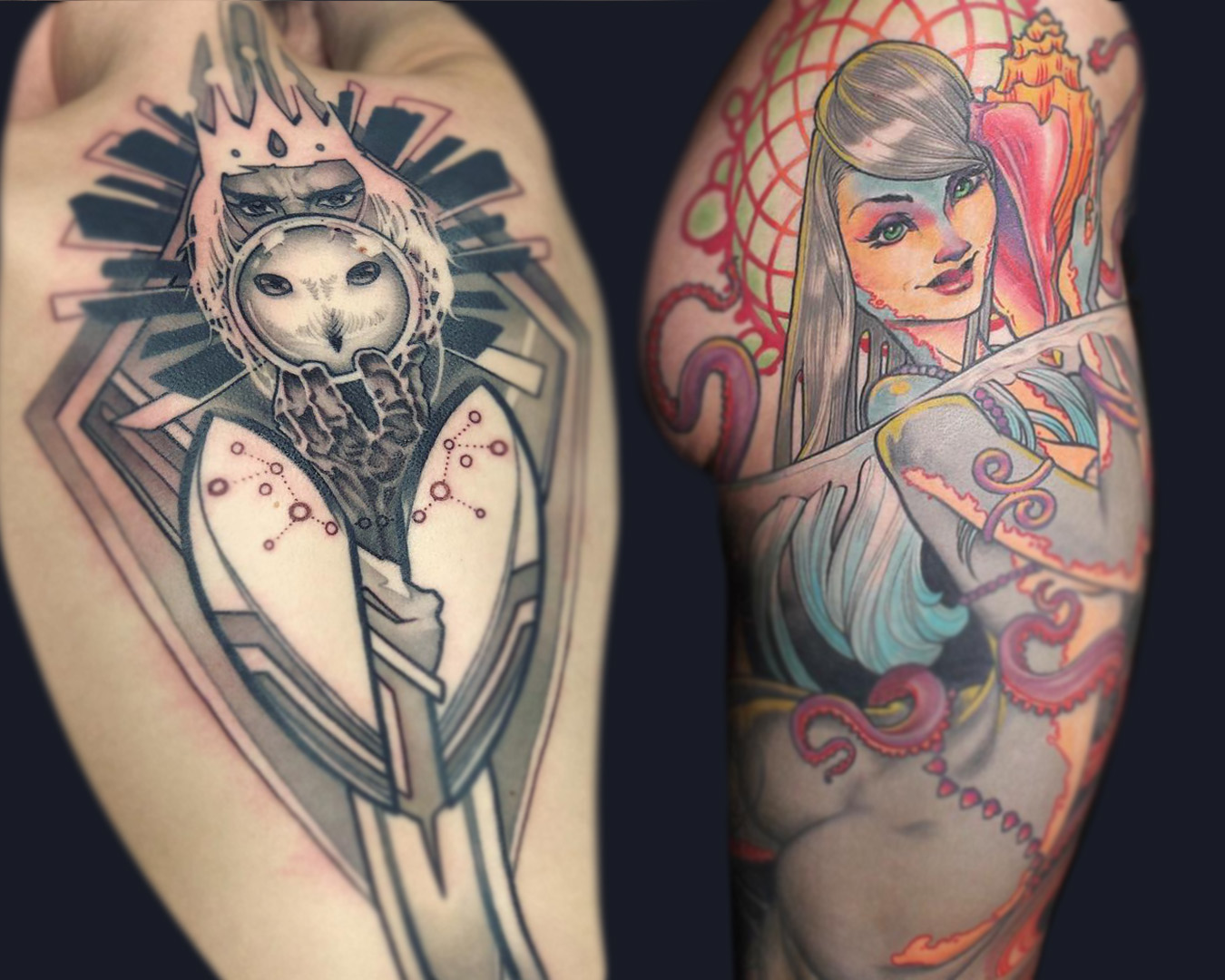 David Bowie labrynth backpiece, octopus mermaid lady leg piece tattoos by Cooper