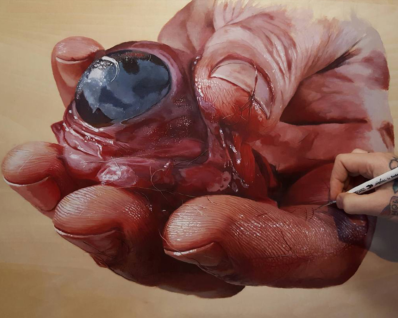 hyper realistic acrylic painting of a hand holding an animal eyeball