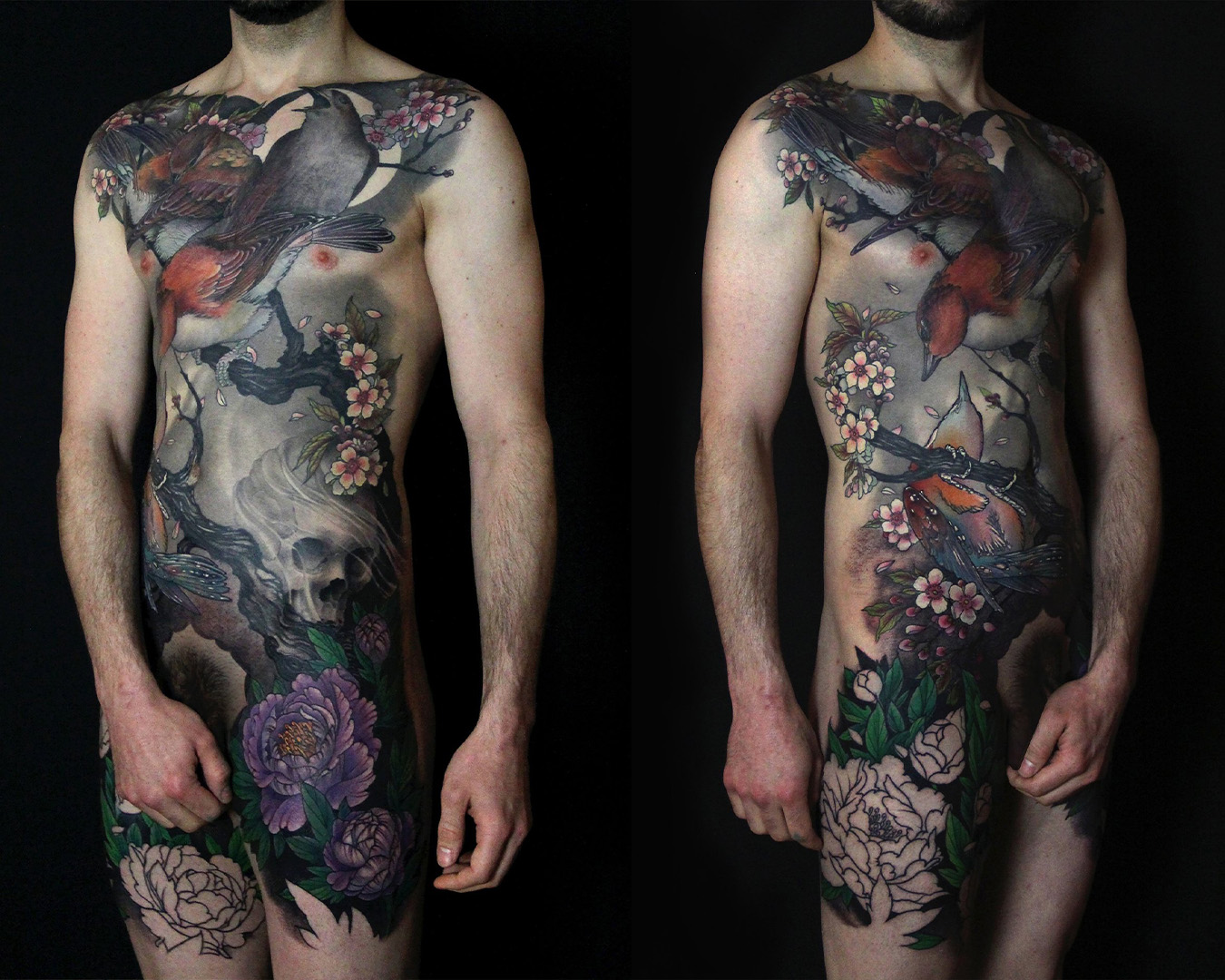 Jeff gogue Body suit tattoo, birds and branches