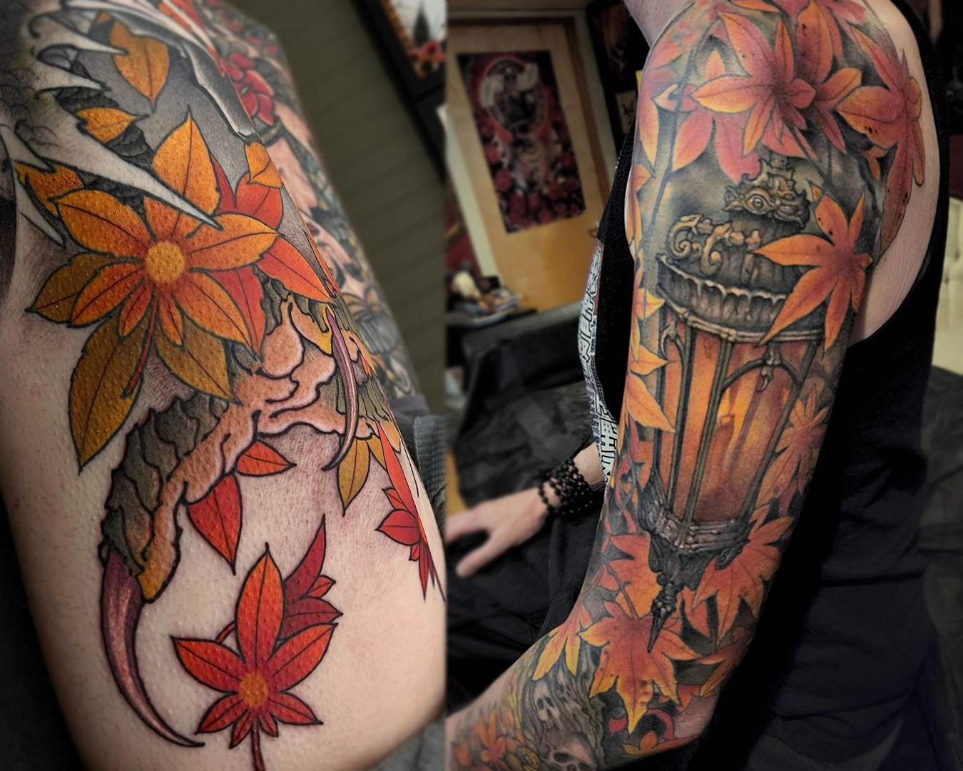 jeff gogue tattoo, dragon claw, maple leaves, lantern