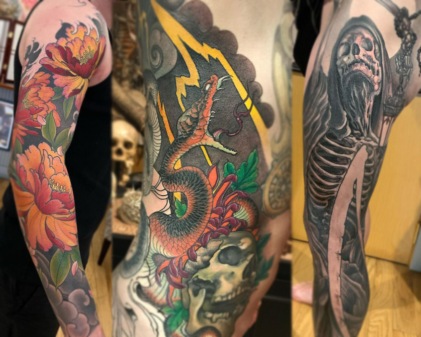 Jeff gogue tattoo, peony arm sleeve, lightning snake, reaper