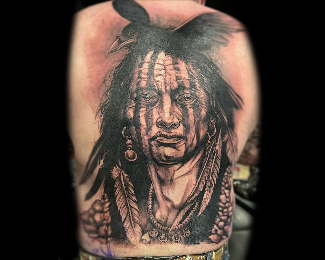 King Ruck tattoo Black and Gray Native American Back Piece