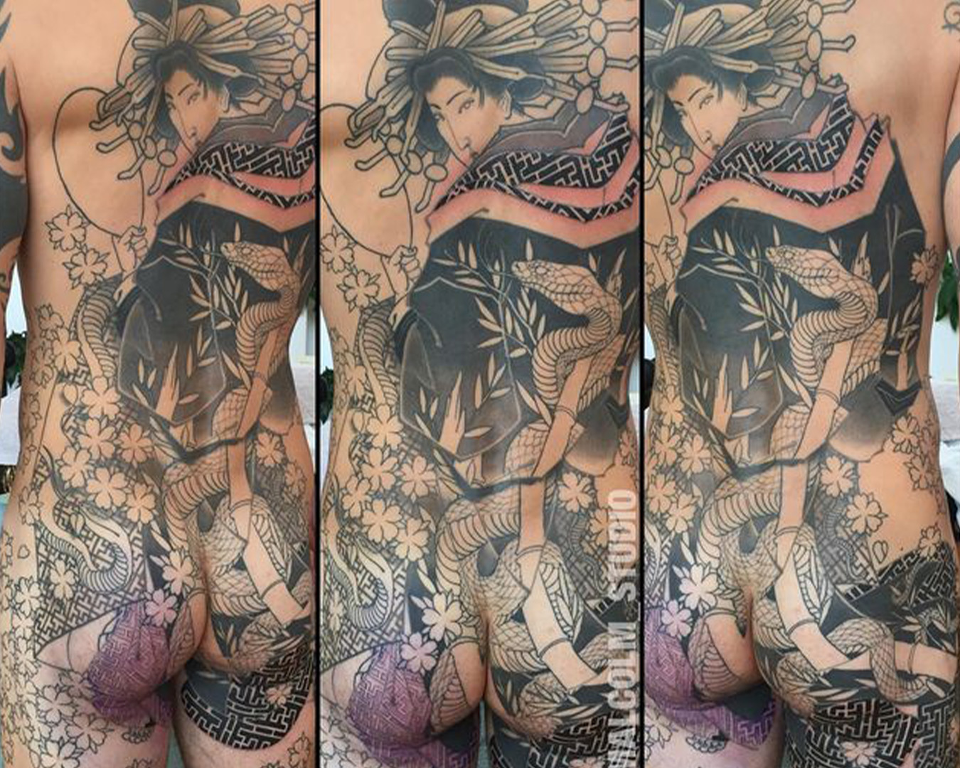 geisha with Snake kimono large scale japanese back tattoo by andre malcolm