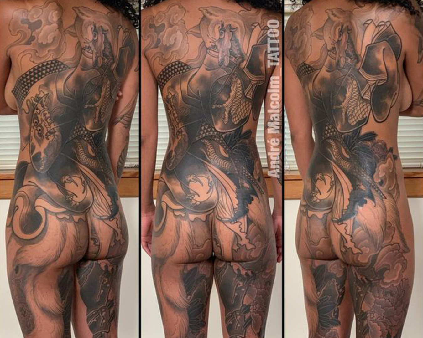 Kitsune with dragon kimono large scale japanese back tattoo by andre malcolm