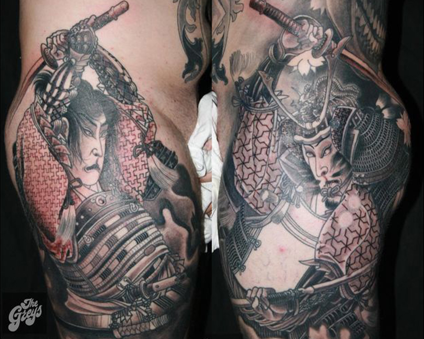Two large scale traditional japanese hip to knee tattoos by Andre Malcolm