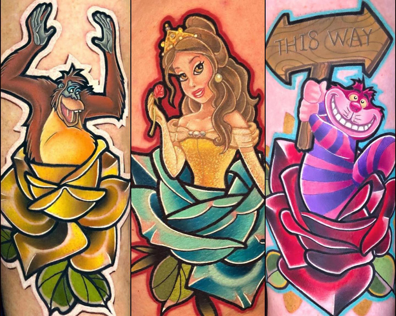 Illustrative sticker tattoos of disney characters on roses