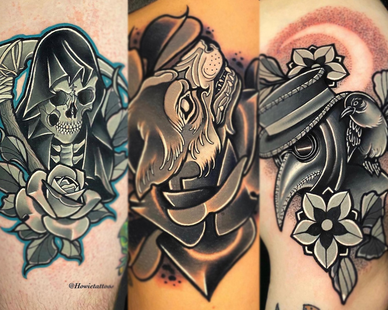 Black and Gray tattoos of a reaper with flowers, a wolf in a rose, and a plague doctor