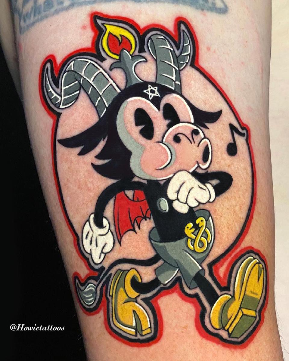 Tattoo of Satan in the style of Disney's Mickey Mouse