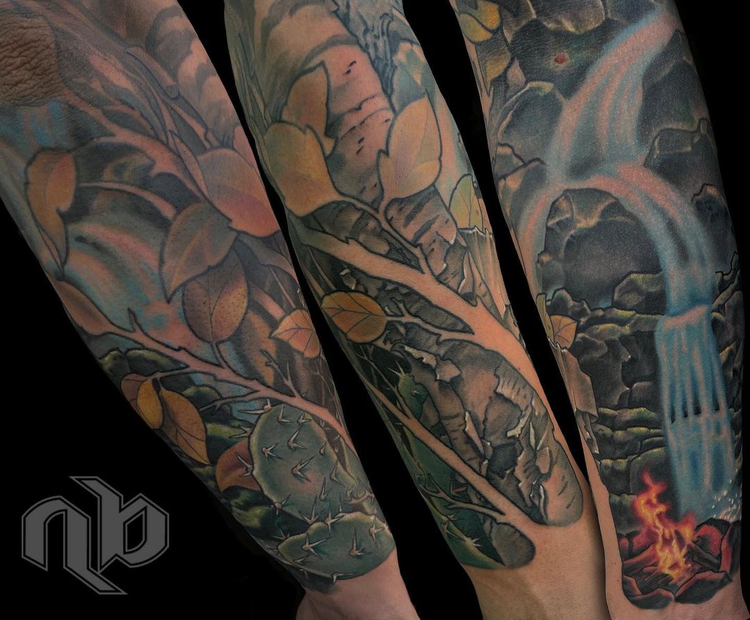 Landscape forest sleeve tattoo by nick baxter