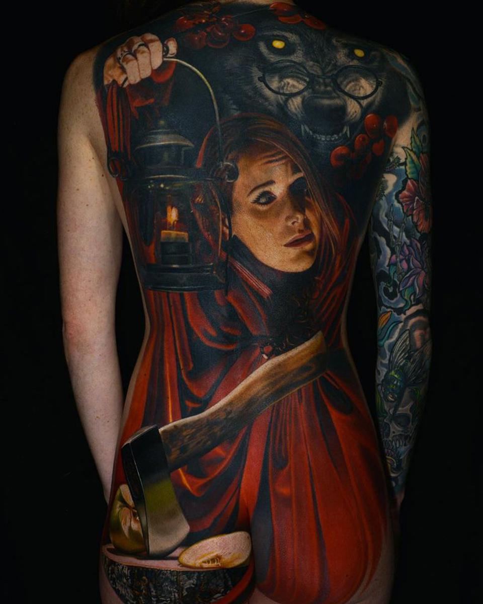 Little red riding hood, color realism full back tattoo, by Nikko hurtado