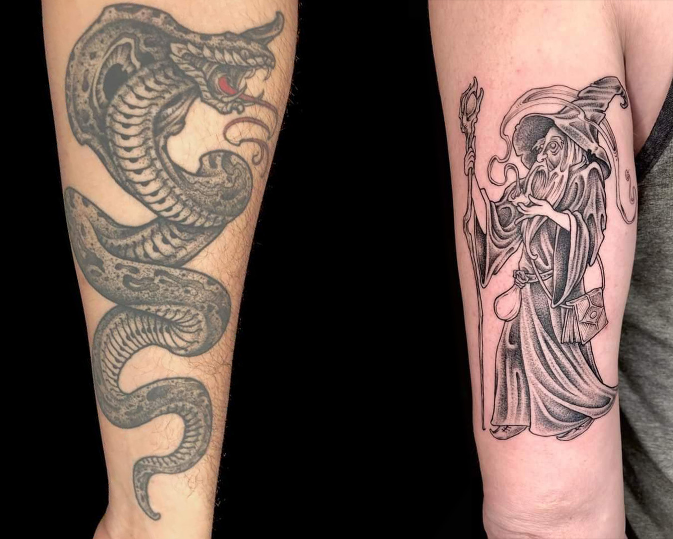 wizard and snake arm tattoos by ryan roi