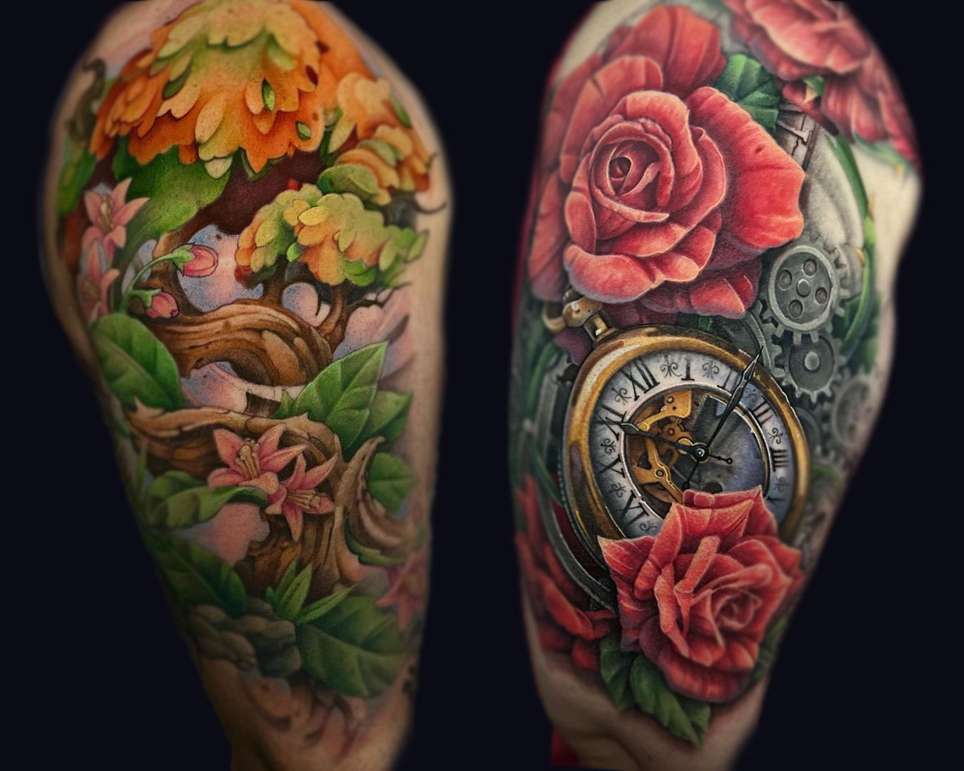 illustrative tree and rose with pocket watch