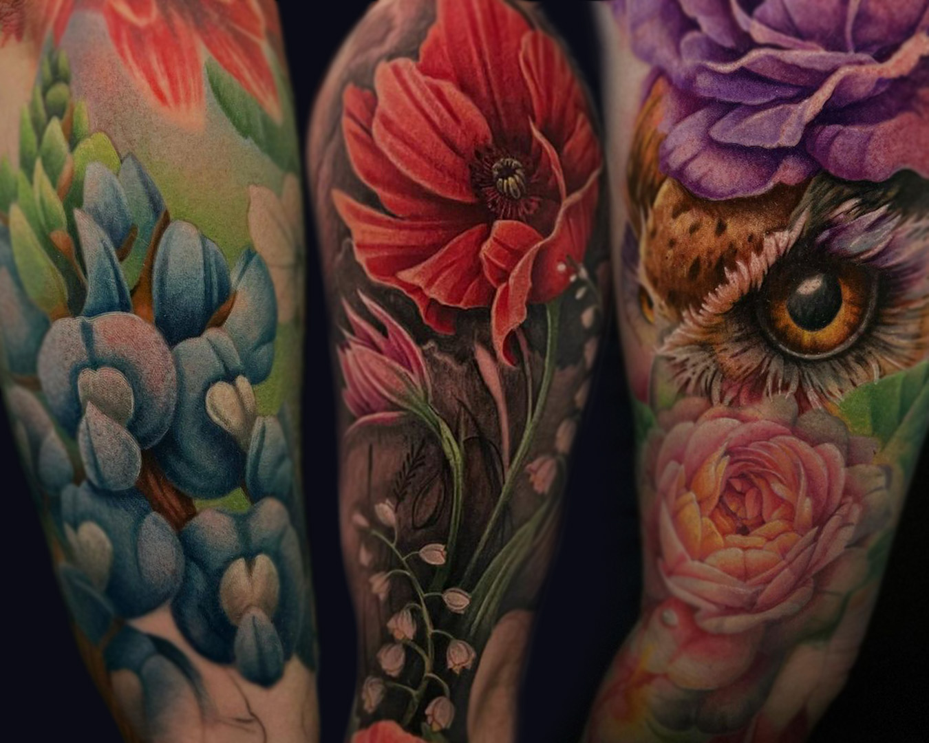 flowers and owl arm tattoos