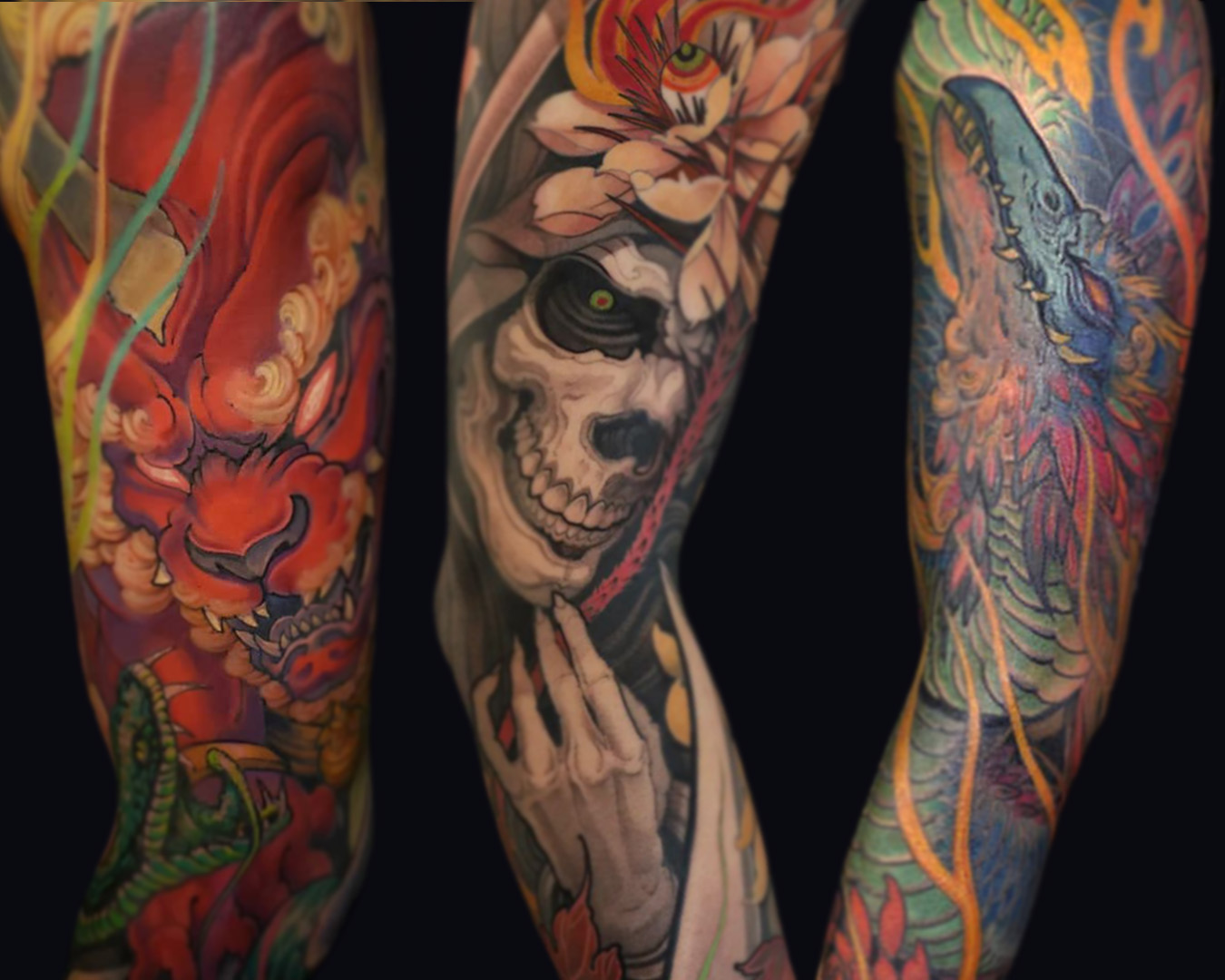 Arm Sleeve Designs, Food Dog, Skeleton, and Dragon by patrick paul o'niel