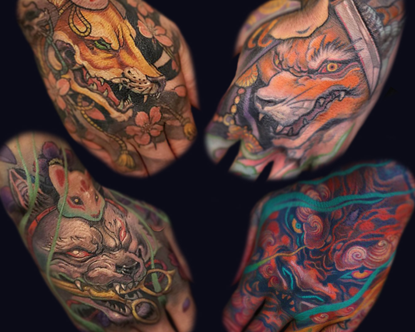 hand tattoos 2 foxes, a foo dog, and a cat with scissors by patrick paul o'niel