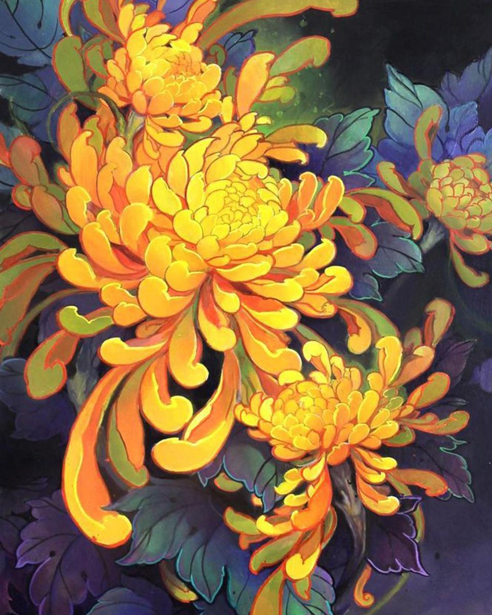yellow and green Chrysanthemum painting by patrick paul o'niel