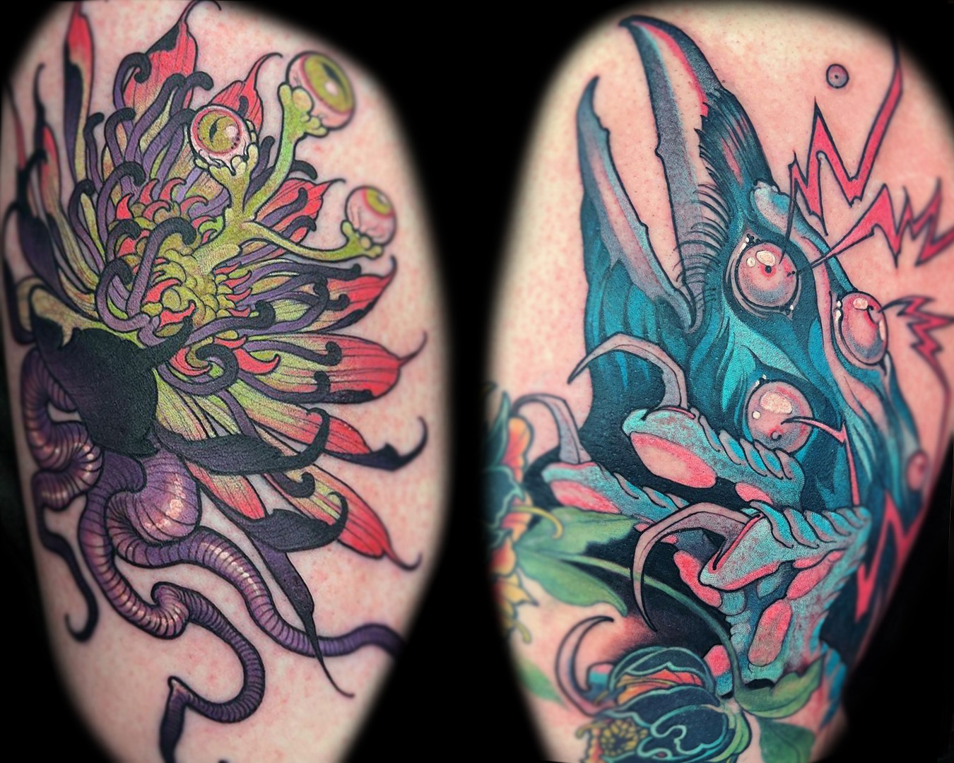 space crow and monster tentacle flower tattoos by teresa sharpe