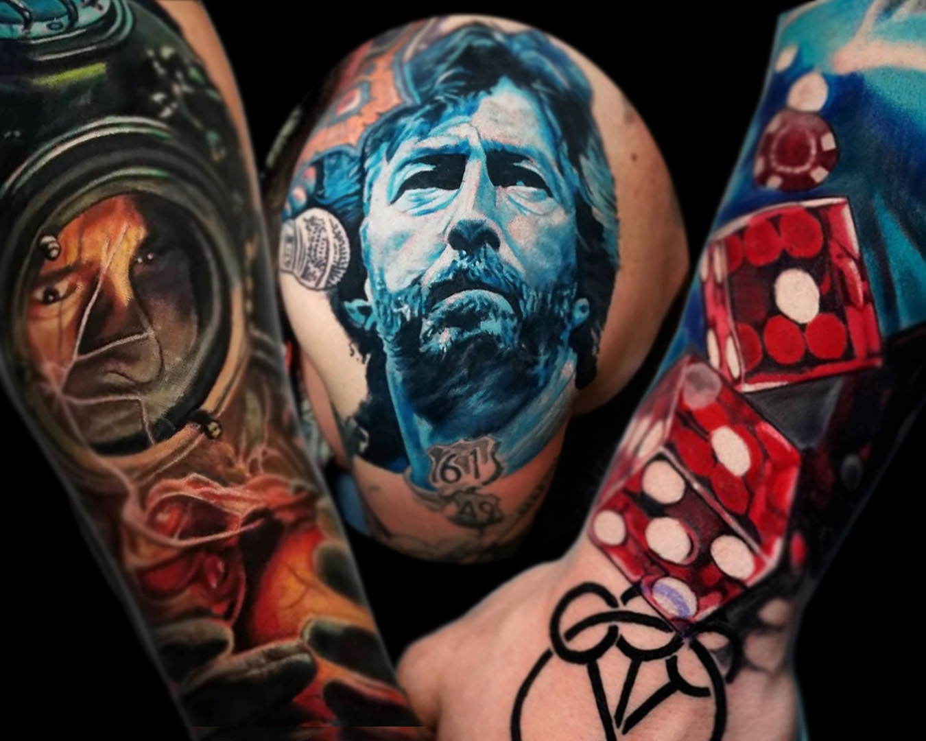 forearm tattoos by mattlock lopes. dice, eric clapton, and man drowning