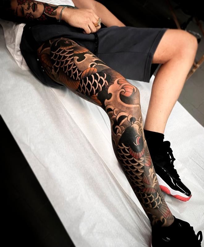 Koi Fish Tattoo Leg Sleeve