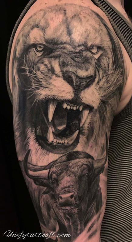 tattoo lion bull tattoos pepper sleeve artist virgo info artists healed