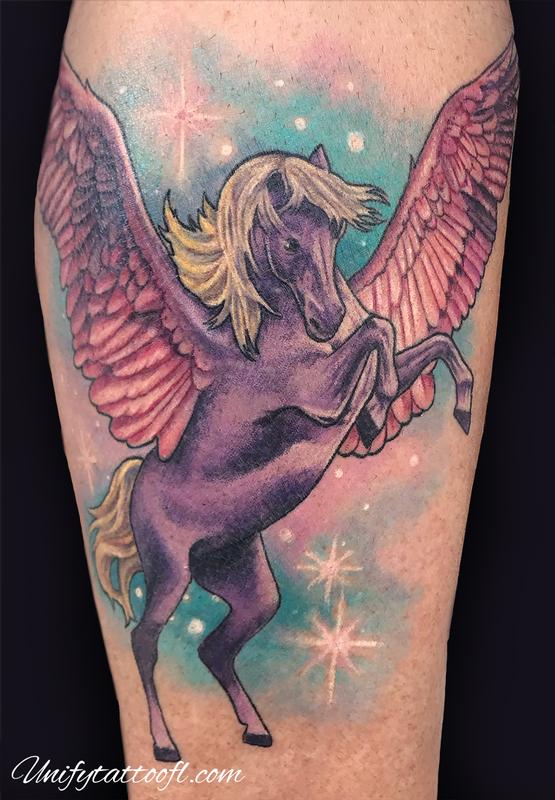 Unify Tattoo Company : Tattoos : Color : Pegasus on Leg