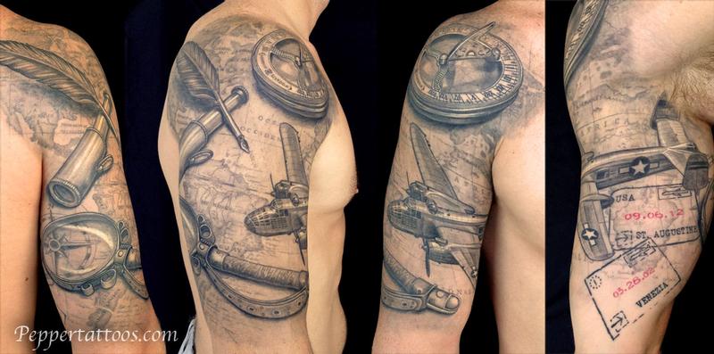 tattoos tattoo travel sleeve themed half pepper arm mixing