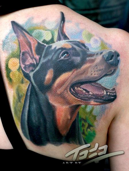 Traditional Savage Doberman Dog with Bizzare Skulls, Red Roses and Little  Grey Dragons Tattoo