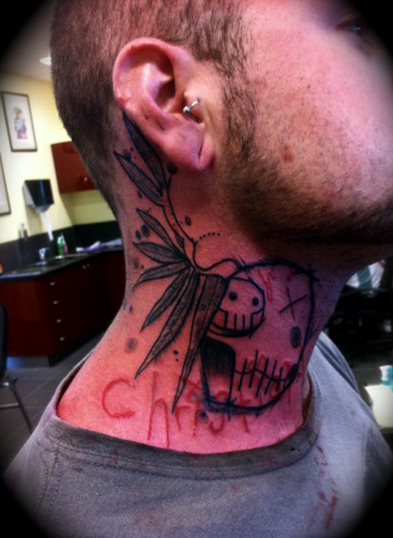 Skull Back Neck Cat Dotwork Tattoo by Marla Moon