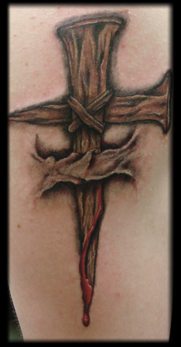 Stage Left Tattoo and Piercing - Wooden cross tattoo done here at stage  left today! #woodencross #bannertattoo #memorialtattoo #forearm  #lineworktattoo | Facebook
