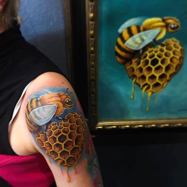 Honeycomb and bee by Tommy Sisneros All Sacred Tattoo Edgewater  Colorado USA  rtattoos