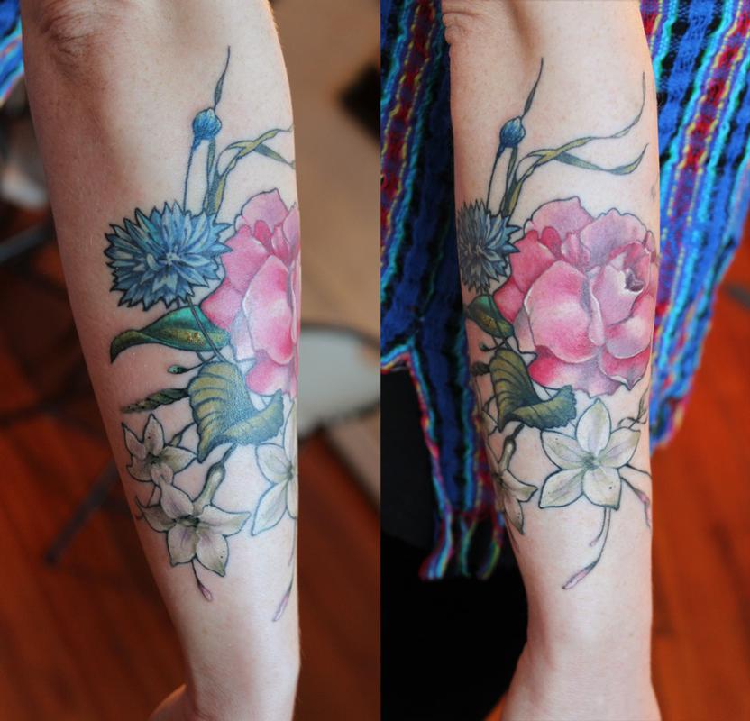 rose corn flower jasmine tattoo by Aubrey Mennella : Tattoos